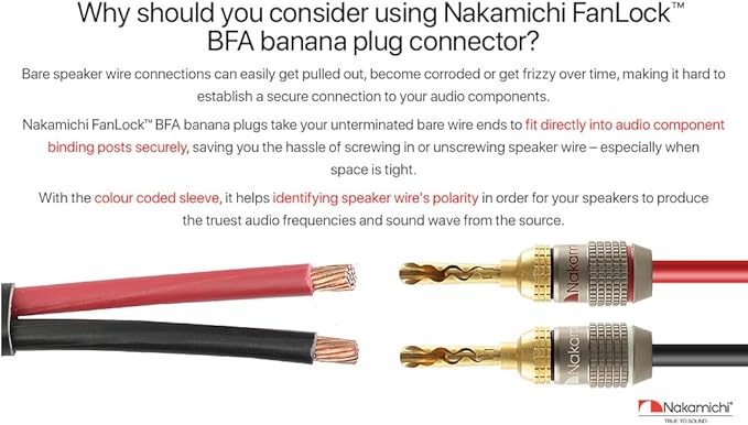 Nakamichi FanLock Excel Series 24k Gold Plated BFA Banana Plug 10 AWG - 18 AWG Gauge Size 4mm for Speakers Amplifier Hi-Fi Stereo Home Theatre Radio Audio Wire Cable Quick Connector, 8 Pcs (4-Pairs)