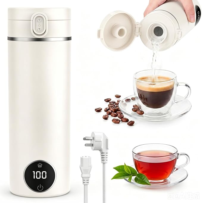 Portable Travel Tea Kettle,6 Preset Temp Plug-in Keep Warm,15 OZ 304 Stainless Steel,Electric Small Hot Water Boiler,Auto Shutoff&Boil Dry Protection,Mini Kettle for Coffee,Tea,Hotel RV Travel,Beige