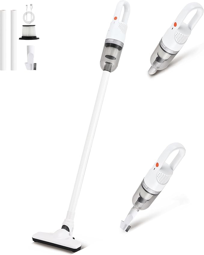 6-in-1 Lightweight Stick Vacuum Cleaner with 100W Powerful Motor, Mini Portable Household Handheld Vacuum Cleaner for Domestic Hard Floors, Carpets and Pet Hair (Silver Cordless)