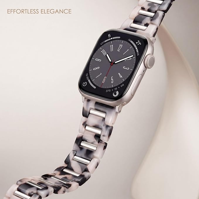 V-MORO Resin Metal Band Compatible with Apple Watch 42mm 41mm 40mm 38mm,Fashion Lightweight Bracelet with Starlight Stainless Steel Inlay for iWatch Series 11/10/9/8/7/6/5/4/3/2/1/SE,Black Floral