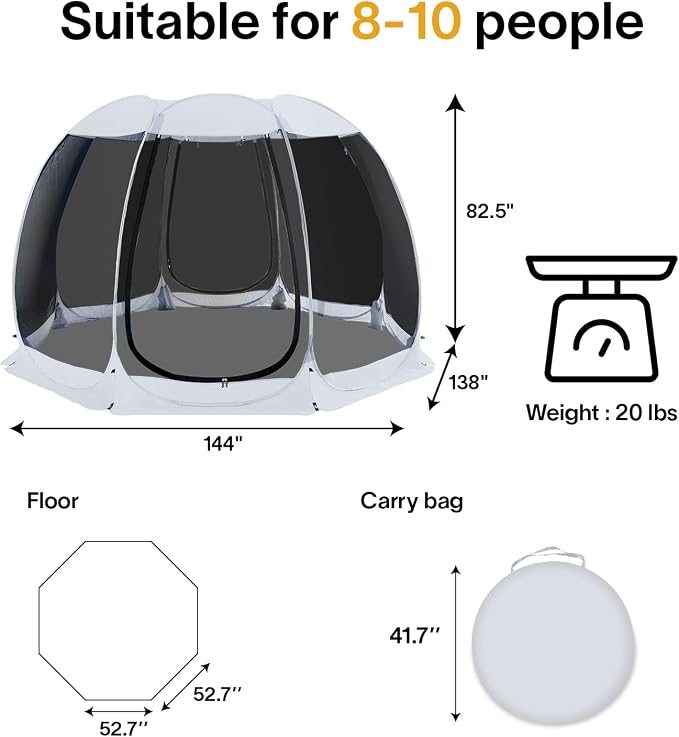 Alvantor Pop Up Screen House Tent, Instant Outdoor Gazebo with Mosquito Netting & UPF 50+ Sun Protection, Portable Canopy Shelter for Patio, Backyard, Camping (2-10 Person)