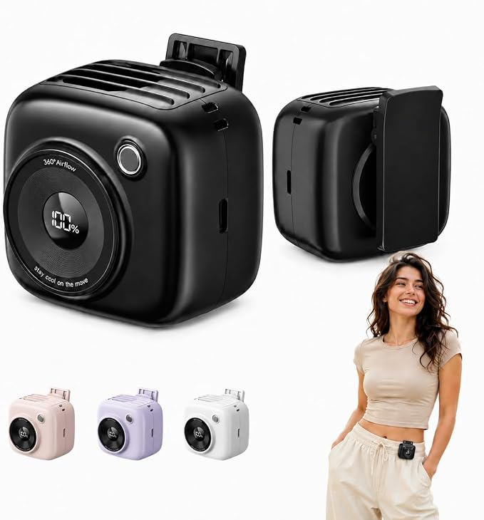 Portable Waist Fan, Rechargeable Wearable Fan w/ LED Display, 3 Speeds, 3000mAh Battery, 10H Runtime, Mini Turbo Airflow, Clip on Belt/Shirt/Hat, for Travel,Outdoor, Concert,Gift for Men Women-1 PACK