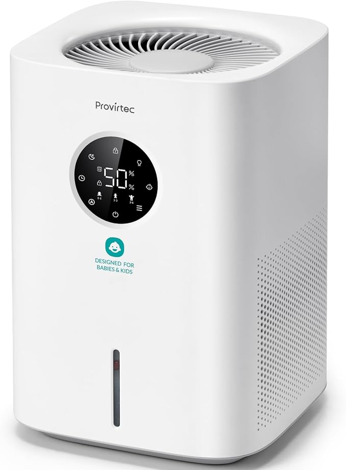 Provirtec Pro Baby Evaporative Humidifier for Bedroom, MistFree & No White Dust, BPA-Free and 16dB Quiet Sleep for Kids, 3 Age-Modes, Auto Control, Tap Water Safe, 4L Easy Clean Tank for Nursery