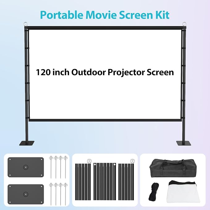 Outdoor Projector Screen with Stand - VOOPVOR 120 inch Projector Screen Portable - Lightweight Projection Screens Indoor Front/Rear - Movie Screen 16:9 4K HD with Catty Bag for Backyard Home Theater