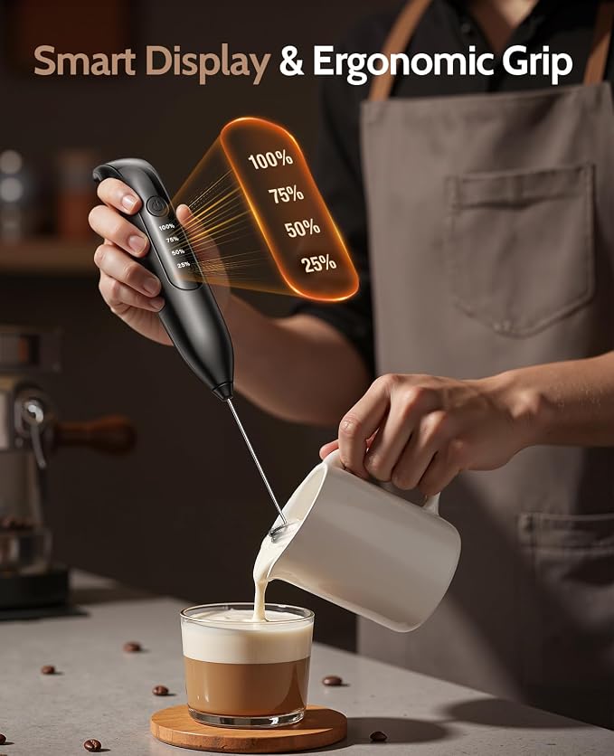 Electric Milk Frother Handheld: coffee frother rechargeable 3 in 1 - LED Display, Adjustable Wireless Charging - 3 Speeds, Stainless Steel Whisk for Latte, Cappuccino - Onyx Black