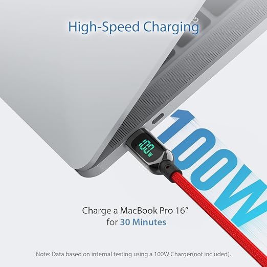 SOOPII 100W 10ft USB C to USB C Cable Fast Charge, Nylon Braided Cable with LED Display for lPhone 15/15 Pro/15 Plus/15 Pro Max,lPad Air,MacBook Pro,Galaxy S24/S23, Pixel, LG (Red)