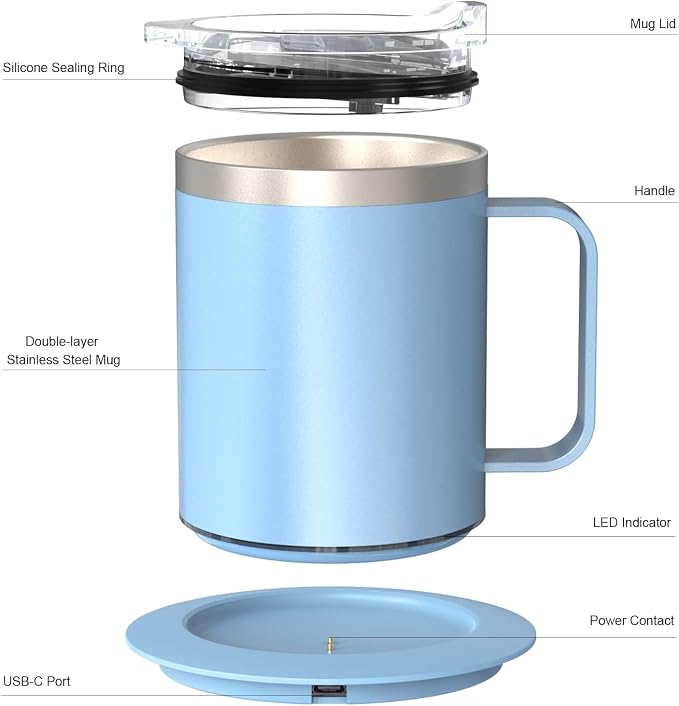 Smart Temperature Control Coffee Mug for Desk,Heated Cup with 10H Auto Shut-Off, USB Powered Mug Warmer Set (12oz-Sky Blue)