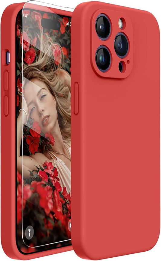 Miracase Designed for iPhone 14 Pro Max Phone Case with Screen Protector,[Upgraded Enhanced Camera Protection],Shockproof Liquid Silicone Case with Microfiber Lining,6.7 inch, Red