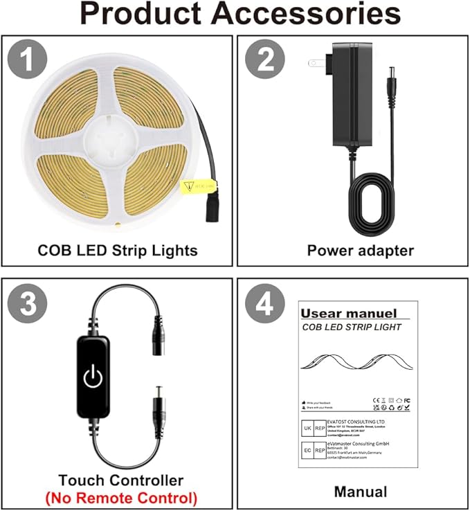 Pandery COB LED Strip,LED Strip Lights 3M/9.84ft,Touch Dimmable LED Strips,CRI90+,6000K Cool White cob led,1600LEDs,24V LED Tape Lights,Indoor for Bedroom, Kitchen, TV, Mirror,Cabinet