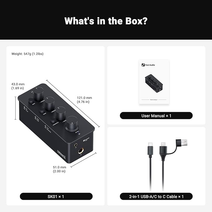 Fosi Audio SK01 Headphone Amplifier Equalizer Preamp with Bass Midrange Treble Tone Control and Loudness Compensation Portable Class A Analog Amp for Electric Guitar Instrument with 3.5mm 6.35mm Jacks
