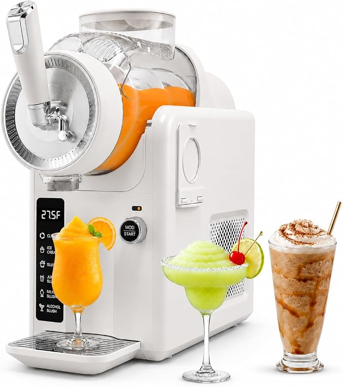 SYINTAO Slushie Machine No Ice Needed, 2-in-1 Frozen Drink & Soft Serve Ice Cream Maker, Self-Chilling Slushy Maker with 5 Presets, LED Display & Auto Clean for Home & Party (White)