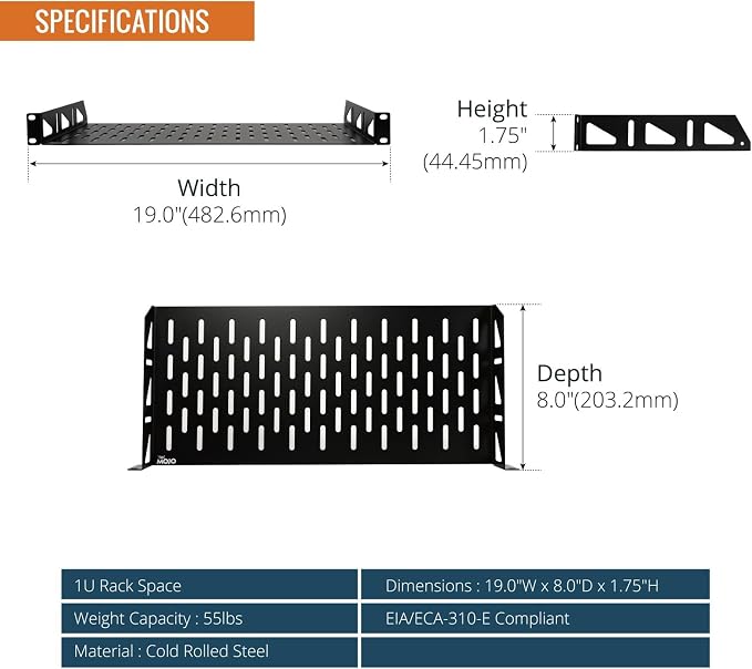 Tecmojo 1U Rack Shelf,19 inch Rack Shelf 8 inch Depth,Rack Mount Shelf with Anti-Slip Stops,Server Rack Shelf and Network Shelf for 19 in Equipments, 55lbs Capacity of Vented 1U Shelf,No Lip(2 Pack)