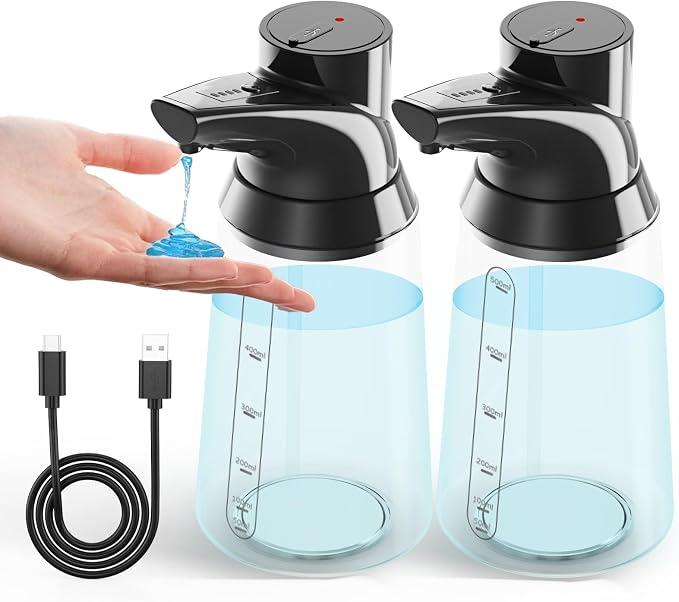 2 Pack Automatic Liquid Soap Dispenser Touchless,Black 4-Level Adjustable Modern Type-C Rechargeable Electric Sensor Soap Dispenser,Hand Sanitizer Dispenser for Kitchen