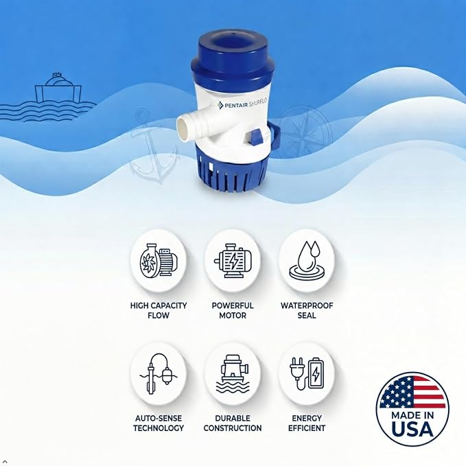 PENTAIR SHURFLO 355-010-10 Marine Bilge Pump, 500 GPH Submersible Marine Pump, Anti-Airlock, ABS Housing, Nylon Impeller, Ignition Protected, 12V DC, CE Certified