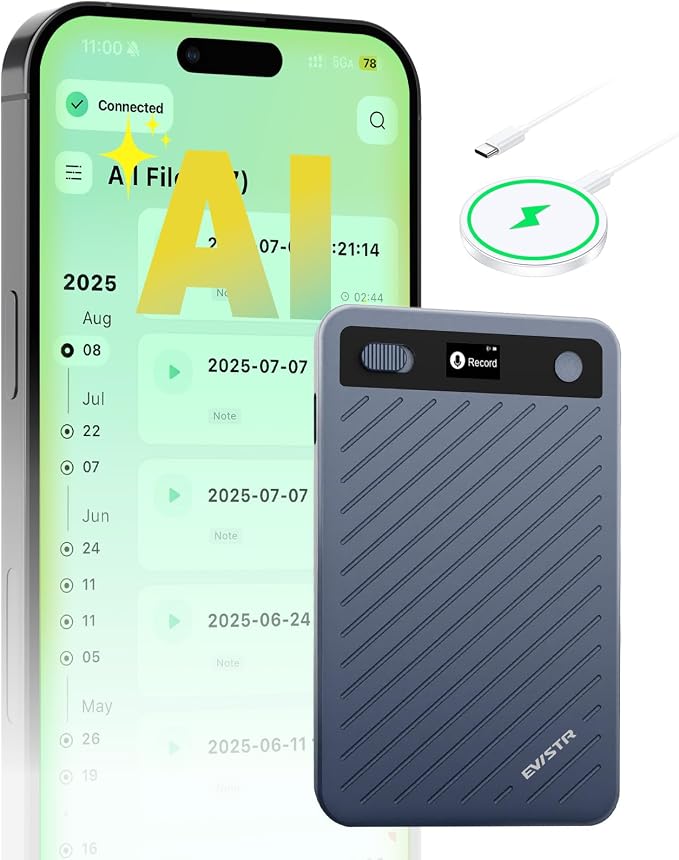 EVISTR AI Voice Recorder with Transcription, AI Note Recorder with App Control, AI Transcribe & Summarize, Support 100+ Languages Audio Recorders for Lecture Meeting Call International Exchange