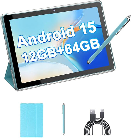 HOTTABLET Tablet 10-inch Android 15, RAM 12GB(4+8Expand) +ROM 64GB, 2+8MP Dual Camera, 6000mAh Battery (Tablet+case+Stylus)(Blue)