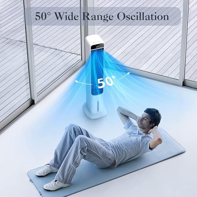 2-In-1 Evaporative Air Cooler Portable Windowless Air Conditioner Fan with Remote Control, Air Cooling Fan with 4 Ice Packs, 12H Timer, 50° Oscillation, 3 Speed Tower Fan for Home, Office