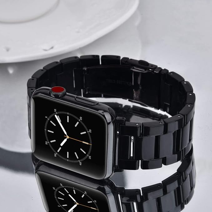 V-MORO Resin Strap Compatible with Apple Watch Band 41mm/40mm/42mm/38mm Series 11/10/9/8/7/6/5 Women Men Fashion Lightweight Wristband with Metal Buckle,iWatch Series 4/3/2/1/SE 2/SE (Black)