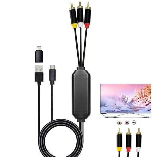 USB-C to RCA Cable Adapter for Screen Mirroring, 6FT Audio Video | Includes USB-A and USB-C power options for stable connection and flexible charging support