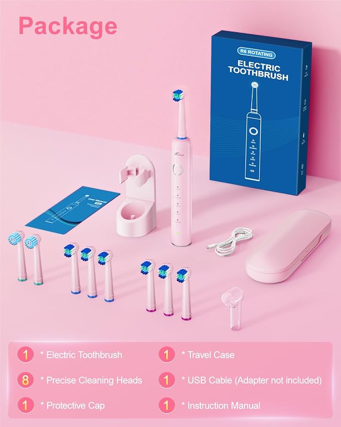 Rotating Electric Toothbrush for Adults, 8 Brush Heads (2 Types) & Travel Case, 5 Cleaning Modes Rechargeable Power Toothbrush with 2-Minute Smart Timer, Pink