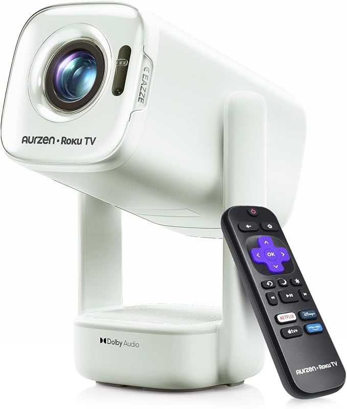 Aurzen Roku TV Smart Projector with Wifi and Bluetooth, D1R air Roku Streaming Experience Built-in, USB-C Powered, Native 1080P, 4K Supported, DoIby Audio, Portable Outdoor Movie Projector, Green