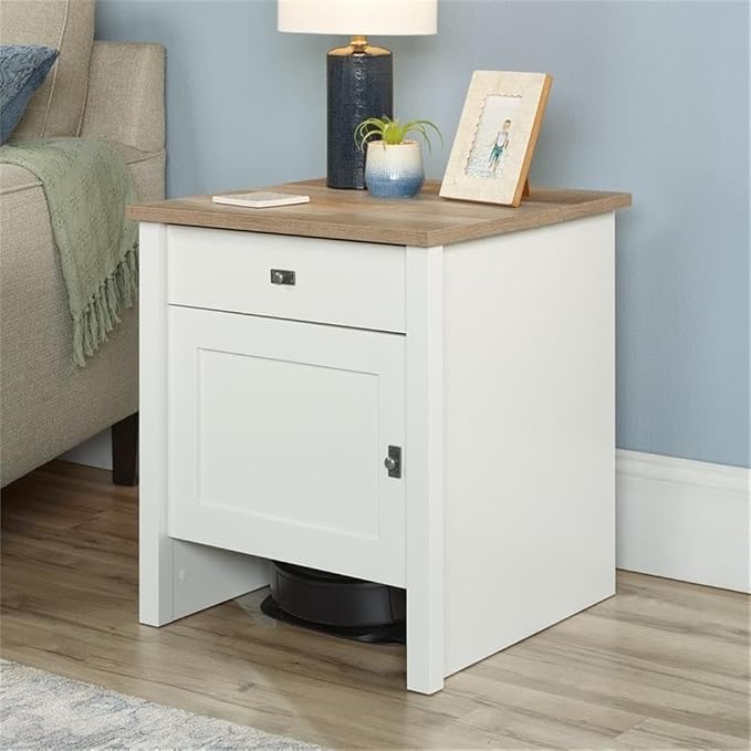 Sauder Homeplus Robot Vacuum Storage Side Table End Table Cabinet for Living Room, Bedroom, in Soft White