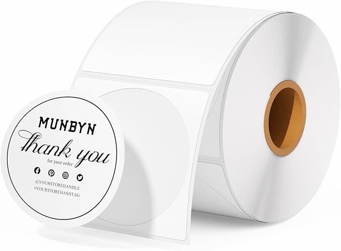 MUNBYN 130B Bluetooth Thermal Label Printer+2 Inch Circle Thermal Sticker Labels+White Label Holder