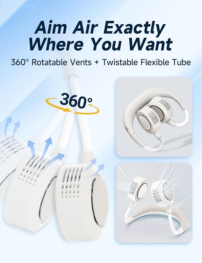 Portable Neck Fan - Hands Free Personal Face Fan, 5 Speeds Rechargeable Wearable Cooling Fan, Flexible Foldable Small Thin Quiet Neck Cooler for Travel, Work, Hot Flashes (White)