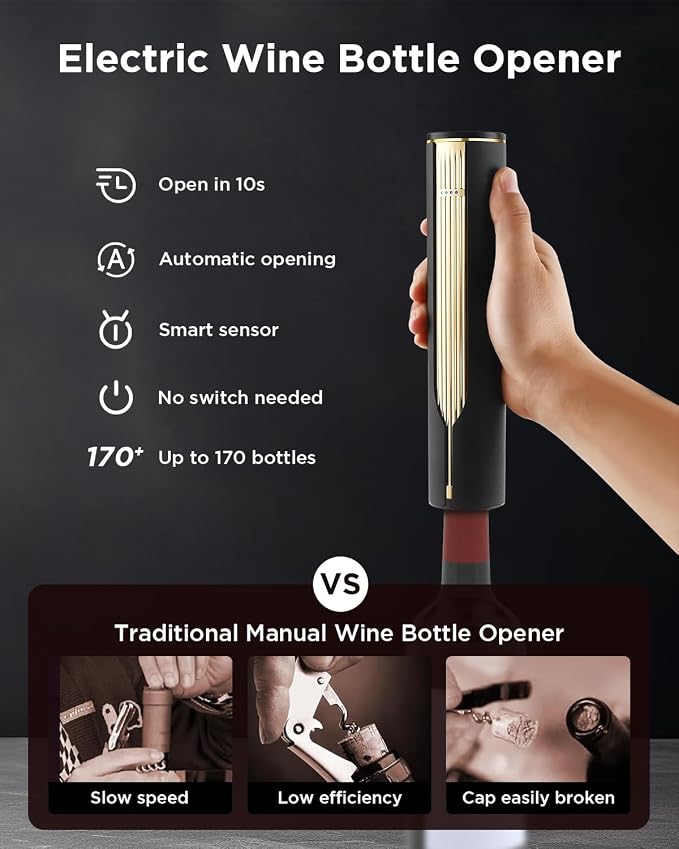 Newise Rechargeable Electric Wine Bottle Opener with Charging Base & Foil Cutter, Luxury Wine Lovers Gifts for Women Men - Gold & Black