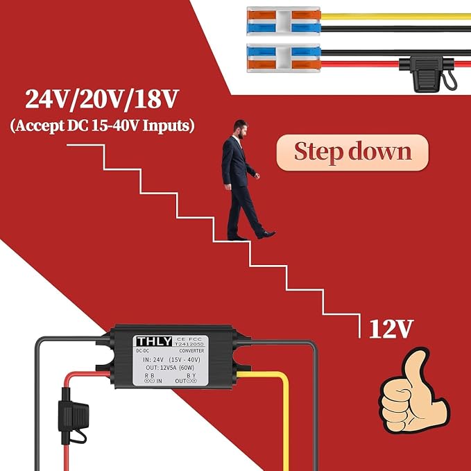 24V to 12V Converter with Fuse, Waterproof, Wire Terminal Block - 18V to 12V Step Down Converter 5A 60W, DC to DC for Golf Cart, Truck, Boat (Accepts 15-40V Inputs)