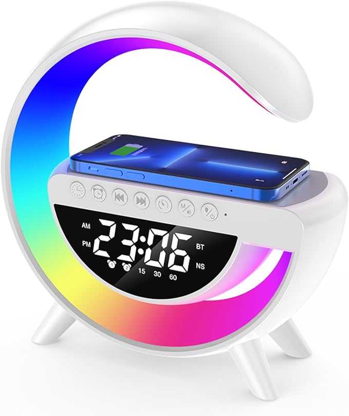 Wireless Charging Table Lamp Multifunctional Bluetooth Speaker & Alarm Clock - LED Bedside Desk Lamp Night Light for Heavy Sleepers, Superfine Bedroom Home Decoration (White)