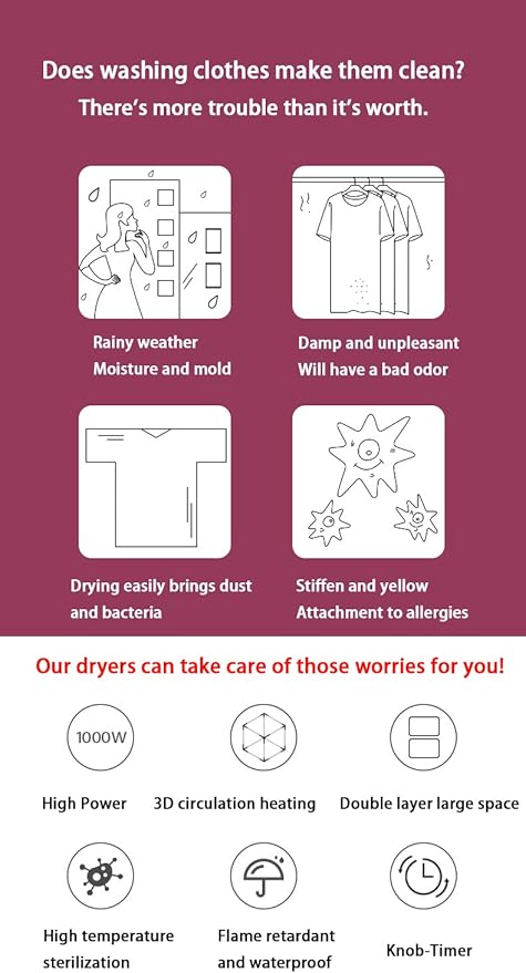 1000W Portable dryers for laundry, Portable Clothes Dryer, Mini dryer for clothes, Electric Clothes Dryer Machine for Apartment, RV, Travel(US plug)