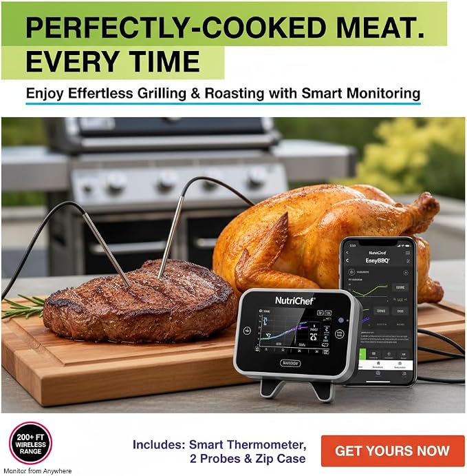 NutriChef Smart Bluetooth BBQ Thermometer with Travel Zip Case, Upgraded Stainless w/ 2 Temperature Probes, LCD Display, Done Alarm Android iPhone, Gas Charcoal BBQ Smoker Temp Monitoring