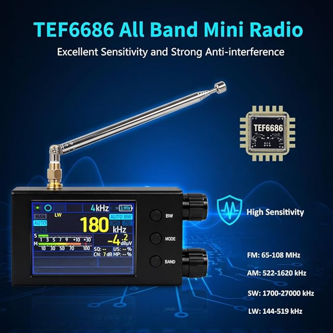 TEF6686 Pocket Mini Radio V2.2 | FM/AM/SW/LW/MW Shortwave Radio Receiver with RDS | 2.4-Inch Touchscreen Color Display, CNC Aluminum Alloy Shell, 1000mAh Battery for Travel and Daily Use