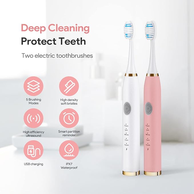 Dnil 2-Pack Rechargeable Sonic Toothbrush for Adults, Long-Lasting Battery Operated, 35,000 VPM Fast Brushing, Includes 10 Brush Heads and 5 Mode Options for Personalized Oral Care (White & Pink)