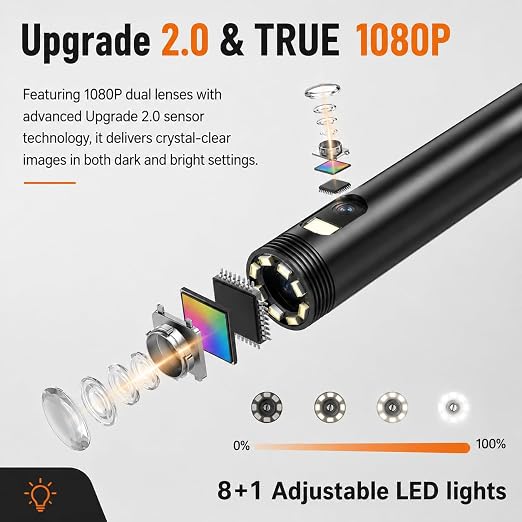 33FT Dual Lens Endoscope Camera with Light, 4.3" Borescope with Photo/Video(Built-in 32GB Card), IP67 Waterproof with 8 LED Lights, Semi-Rigid Snake Cable for Pipe, Engine & HVAC Inspection
