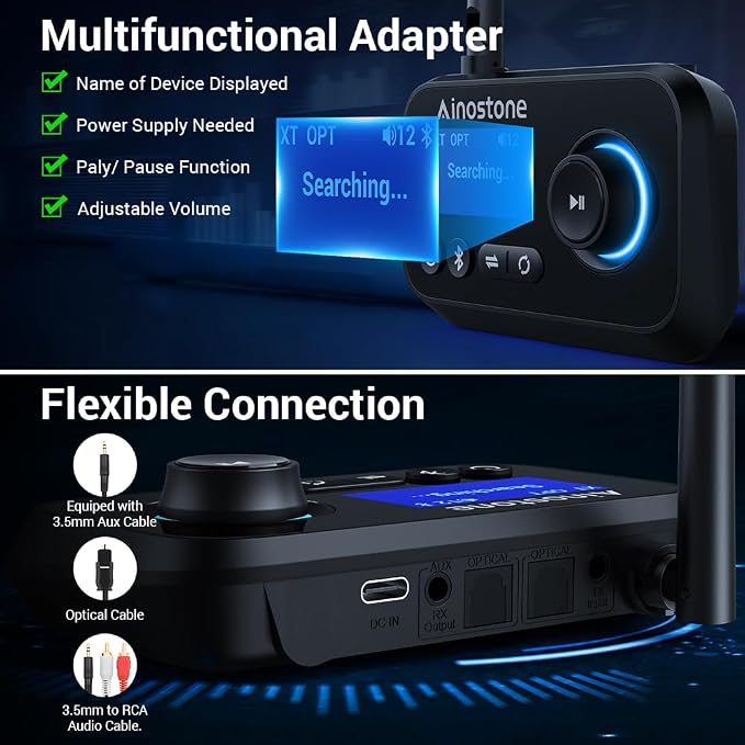 Bluetooth Transmitter Receiver 3-in-1 Bluetooth 5.3 Audio Adapter for 2 Headphones with Bypass Volume Control ON/Off Switch LCD Display 3.5mm Aux/Optical/RCA for Home Stereo TV Speaker PC