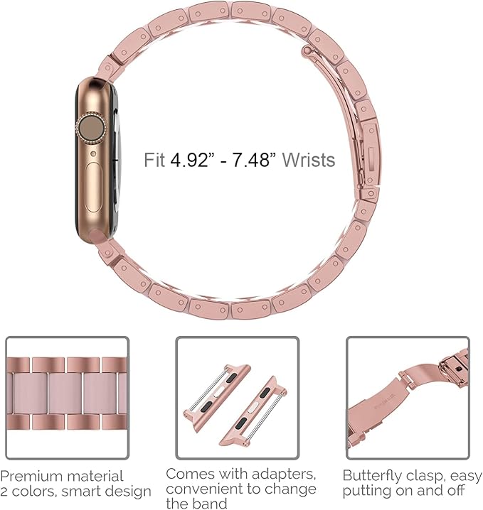 Wearlizer Rose Pink Compatible with Apple Watch Band 38/40/41/42mm Womens Replacement, Stainless Steel Strap Fashion Resin Wristband Sleek Metal iWatch Series 11 10 9 8 7 6 5 4 3 SE/Ultra 3 2 1