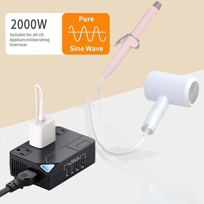 100V–220V Travel Converter, 2000W Voltage Converter with 2 USB and 2 USB-C Charging Ports and 3 AC Plugs for Curling Irons and Hair straighteners; Included Plugs are Types A, C, D, G, I, and L
