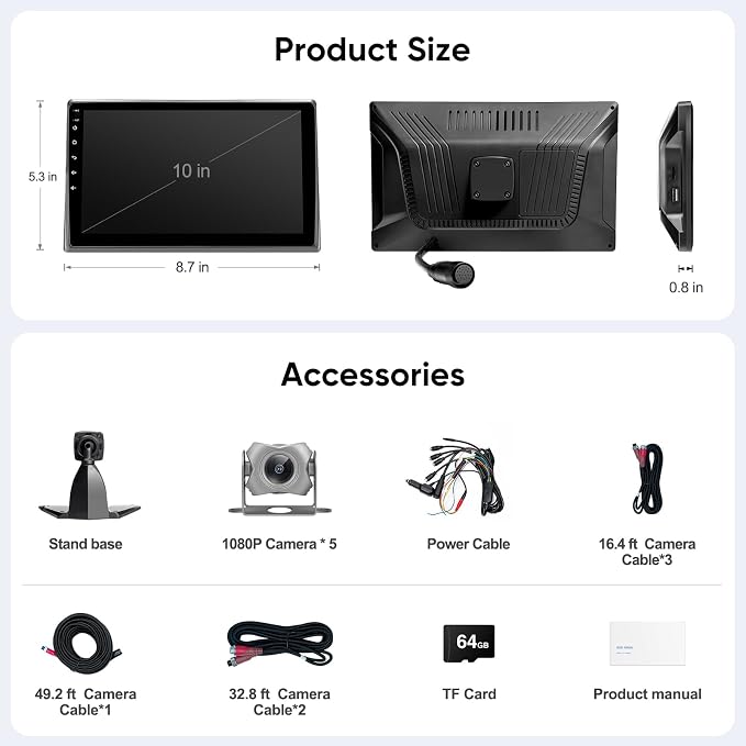 5 Channels 1080P Wired Backup Camera System - Plug&Play Pre-Wired Rearview Cam w/ 10" Touchscreen Monitor Carplay Auto DVR Recording for Furrion System RV Truck Pickup Camper Trailer Van SUV Cars