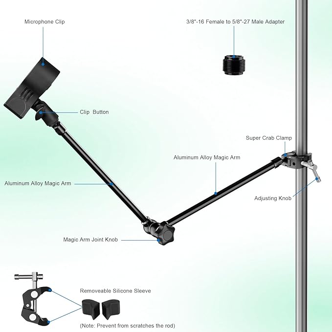 Mippko Microphone Stand Holder,21.5" Long Flexible Adjustable Magic Arm Super Crab Clamp Mic Clip 3/8"-16 to 5/8"-27 Adapter Mount,Compatible with Shure/Fifine /AT2020 /Pyle/Blue Snowball/Razer