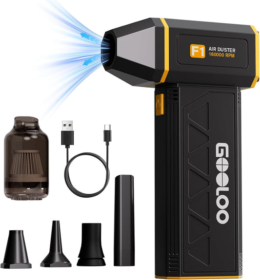 GOOLOO F1 Electric Air Duster with Mini Vacuum, 3 Gear Adjustable 160000 RPM Compressed Air Duster, Mini Blower for Keyboard PC Car, Cordless Rechargeable Air Blower,Yellow
