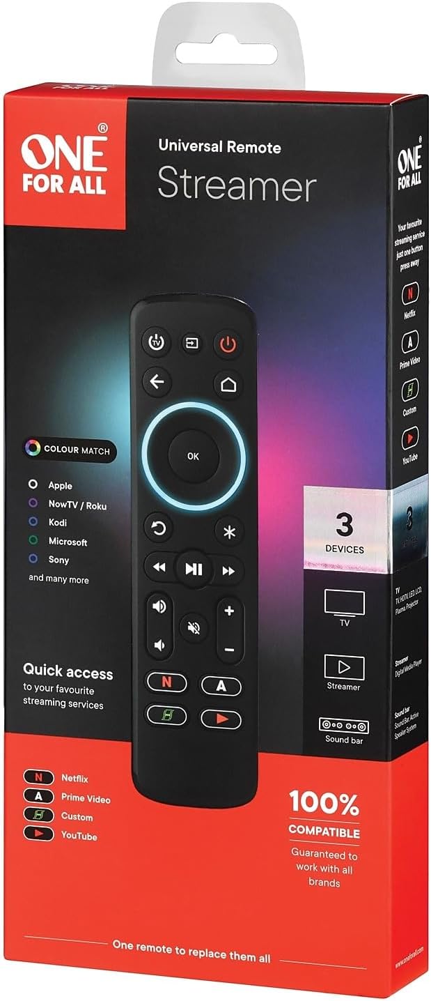 One For All Streamer Remote (New, in Retail Packaging) – Controls up to 3 Devices - (IR) - Control Your Streamer Box, TV and Sound bar – Learning Feature - Backlit Keys - Black – URC7935
