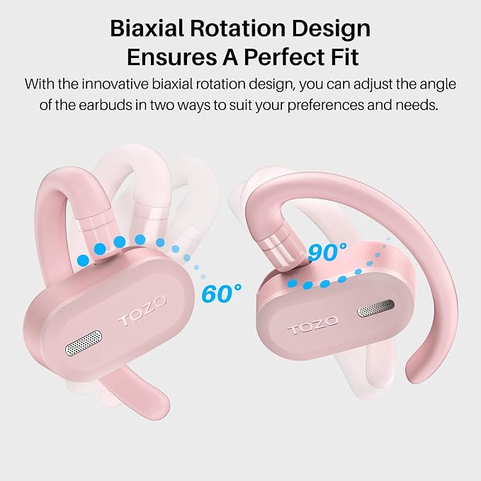 TOZO O2 True Open Ear Wireless Earbuds with Multi-Angle Adjustment, Bluetooth 5.3 Headphones with Bass Sound, Crystal-Clear Calls, 42 Hrs Playtime, Long-Lasting Comfort for Work, Driving, Sport Pink