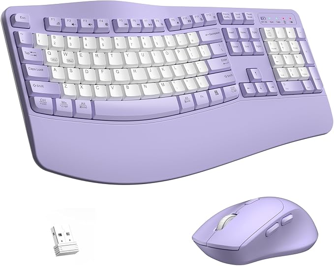 Wireless Keyboard and Mouse Combo,2.4G Full Size Wave Keys Ergonomic Keyboard with Wrist Rest for Natural Typing, 3 DPI Adjustable Ergonomic Mouse for Computer/Laptop/Windows/Mac (Purple & White-B)