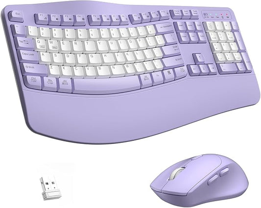 Wireless Keyboard and Mouse Combo,2.4G Full Size Wave Keys Ergonomic Keyboard with Wrist Rest for Natural Typing, 3 DPI Adjustable Ergonomic Mouse for Computer/Laptop/Windows/Mac (Purple & White-B)