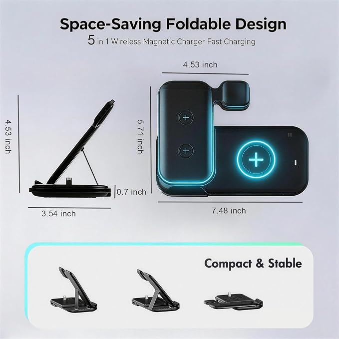 5 in 1 Wireless Charging Station for Multiple Devices, Premium Fast Charging Stand for Apple Samsung Android, Dual Phone Dock with USB Port for Desk Nightstand