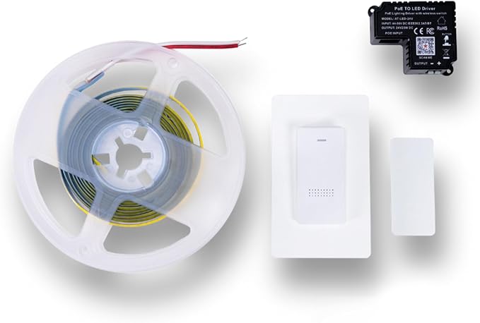PoE Texas - PoE Lighting Plug and Play Kit with 24V LED Driver, 4000K LED Strip Light (2m), Wireless Light Switch - 24 Volt Cob LED Strip Light for Under Cabinet, White Dotless 24v LED Strip Lighting