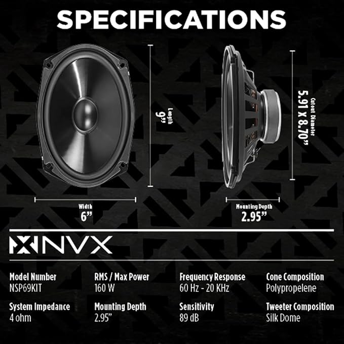 NVX® NSP69KIT 6x9 Car Speakers, 920W Max, 320W RMS, 2-Way Component System w/Silk Dome Tweeters & Passive X-Overs, Easy to Install in Cars/Trucks/Doors (Pair)