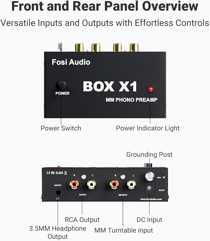 Fosi Audio Box X1 Phono Preamp for MM Turntable Mini Stereo Audio Hi-Fi Phonograph/Record Player Preamplifier with 3.5MM Headphone and RCA Output with DC 12V Power Supply